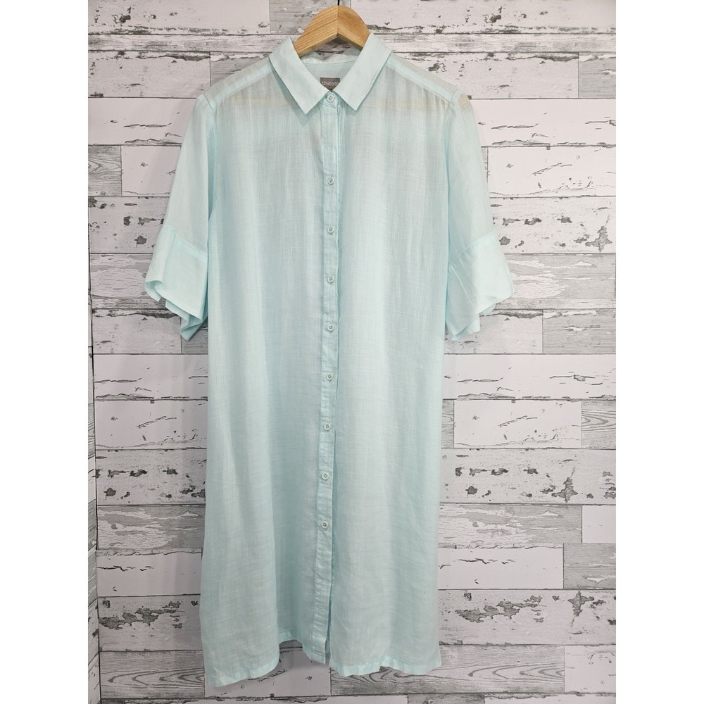 Chicos Ramie Lyocell Button Front Tunic Top Aqua Blue Short Sleeve Size 3 XL